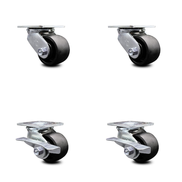 3.25 Inch Glass Filled Nylon Swivel Caster Set with Roller Bearings 2 Brakes SCC